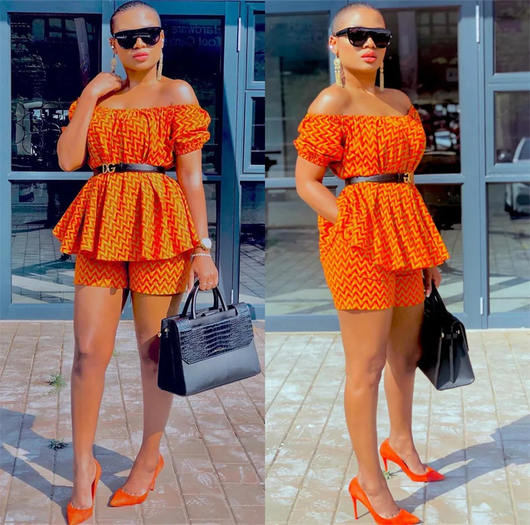 

55LS6446 Summer Women Casual Fashion Print Sexy Strapless Breast Wrap Two Piece Set Top and Shorts Tracksuit Sweatsuit Outfits