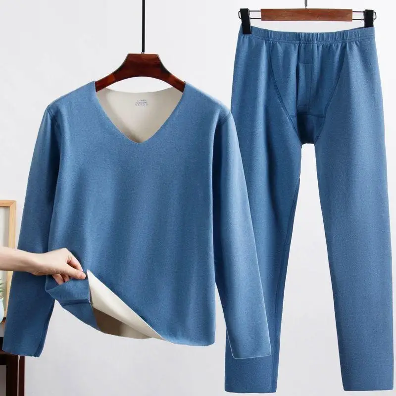 

Fleece Heated Natural Thermal Underwear Men Set Winter Warm Pants Slim Tights Thermo Suit Long Johns Heating V Neck 4XL Blue