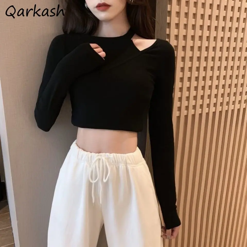

Long Sleeve T-shirts Women Solid Hollow Out Stylish Streetwear Slim Party Ladies Spring All-match Cool Ulzzang Tops Casual Mujer