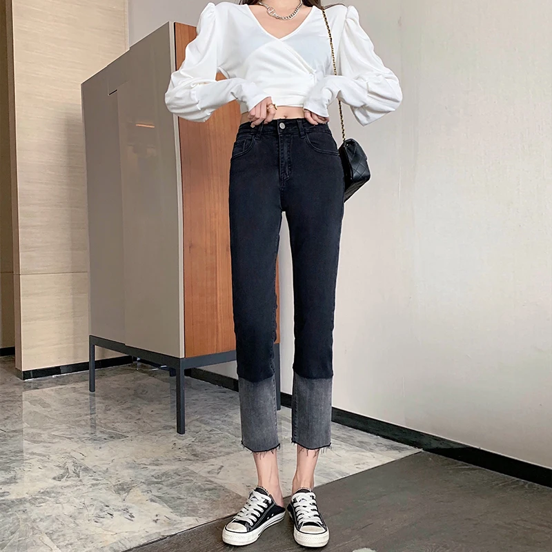 

2-color stitching high waist jeans women's fall 2021 new stretch straight high waist slim 9-point harem pants women's clothing