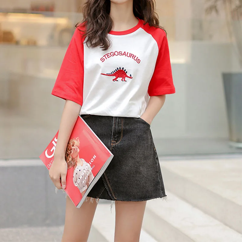 

Summer T Shirts Women Casual O-Neck T-Shirt Embroidery Graphic Korean Style Tees Female Short Sleeve Summer Tops for Women 2021