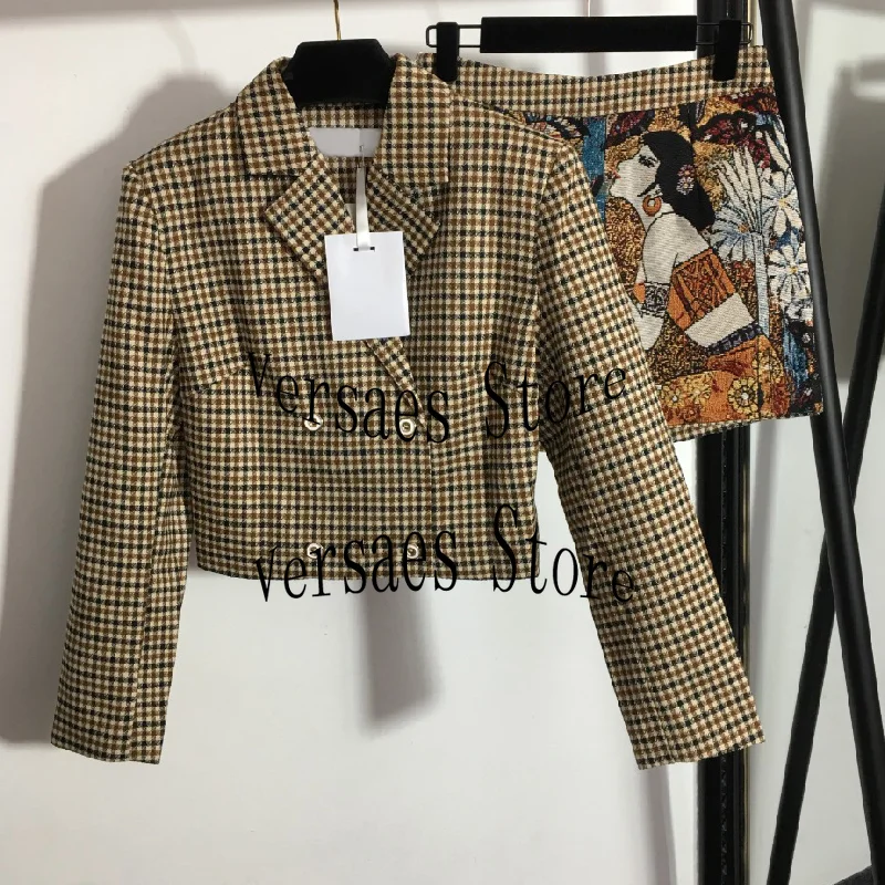 

2021 luxury design new fashion vintage suit thousand bird grid tweed long sleeve suit coat women + Beauty pattern shorts skirt