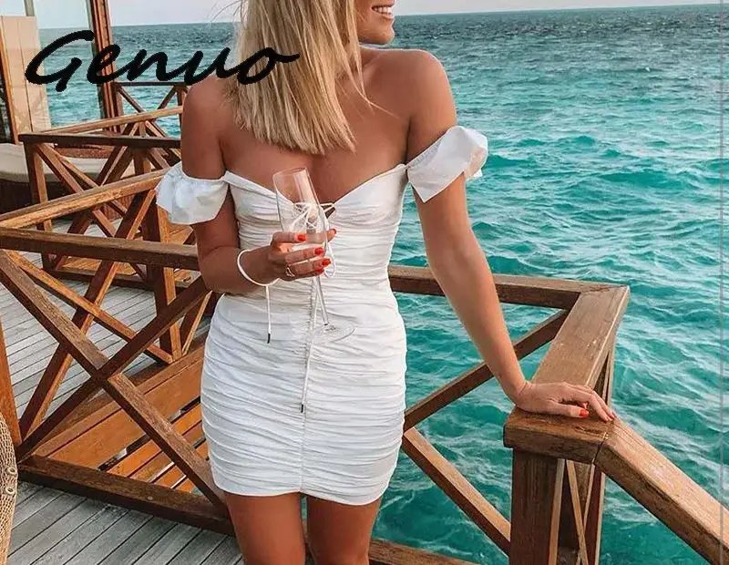 

Genuo Bandage Pleated Ruffle Bodycon Dress Women Summer V Neck Sexy Dress Elegant Female Party Club Mini Dress Vestidos Short