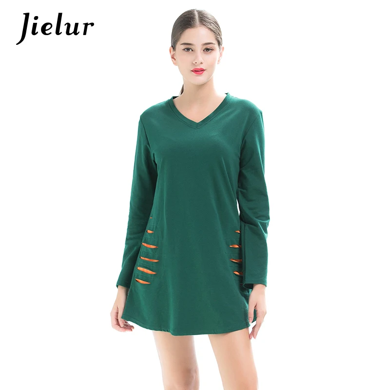 Женская футболка с V-образным вырезом длинным рукавом и дырками | одежда