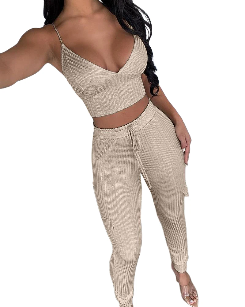 

2020 Fashion Two Piece Set Casual Wear Suits Set Ribbed Deep V Crop Top &Pants Set