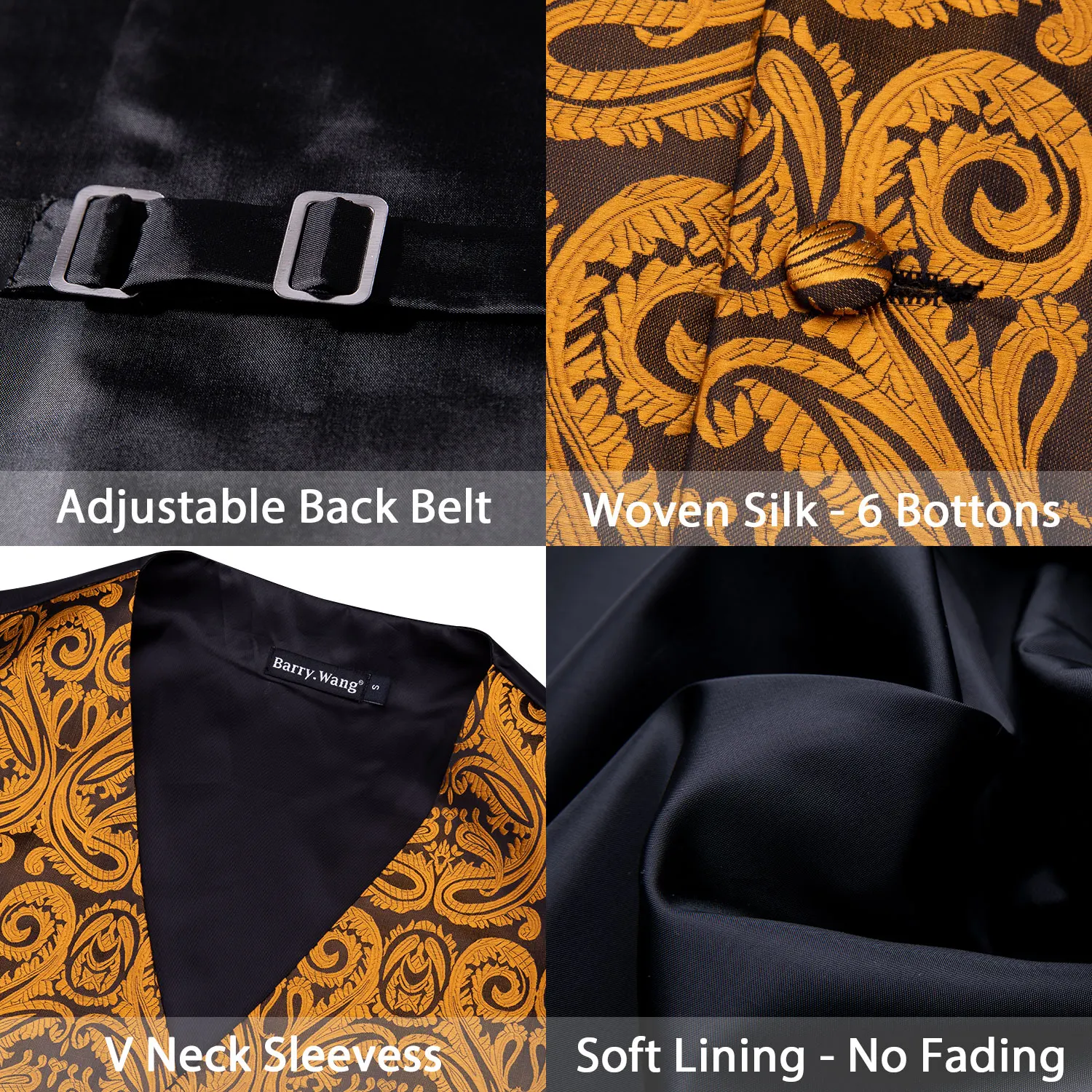 Gold Formal Silk Paisley Men’s Vest V-Neck Waistcoat Suit Set 4PC Tie Handkerchief Cufflinks Business Party Barry.Wang | Мужская