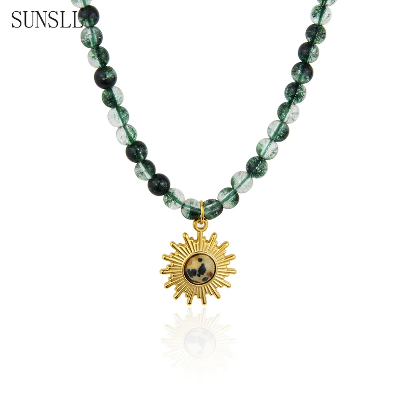 

SUNSLL New Design Natural Green Ghost Spar With Golden Stainless Steel Pendant Necklace Light Luxury Fashion Jewelry Gift