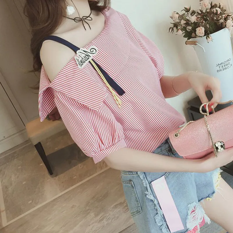 1 шт. женская летняя футболка в полоску с открытыми плечами и короткими рукавами