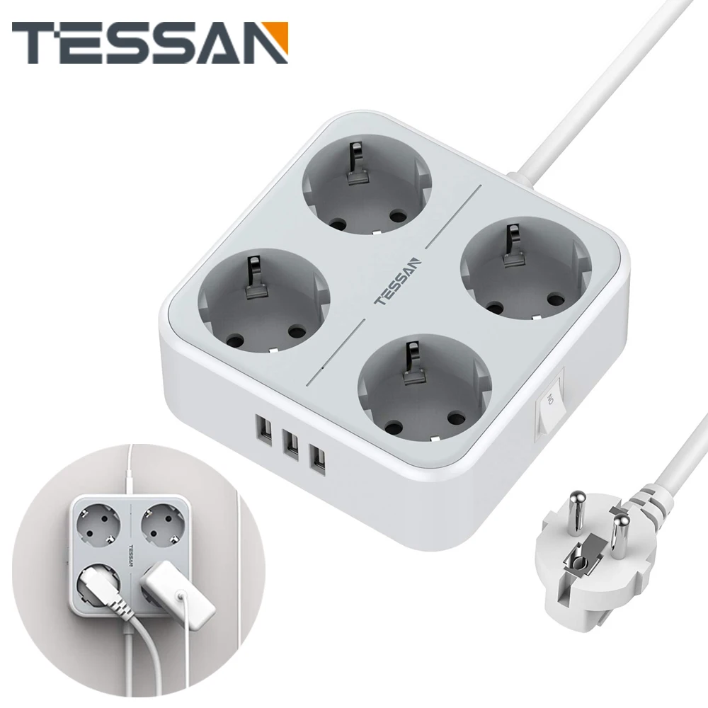 

Сетевой удлинитель TESSAN европейского стандарта с выключателем, 4 розетками переменного тока, 3 USB-порта и 1,5 м удлинителем, многорозетчатый ад...