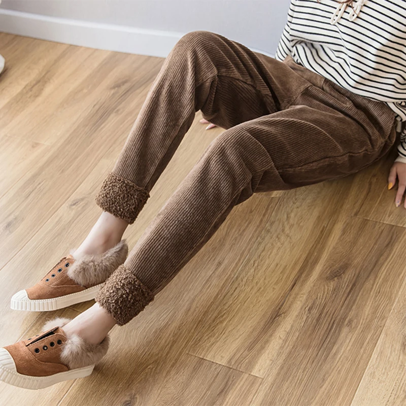 Осень зима вельветовые штаны для женщин высокая талия карманы брюки плюс размер