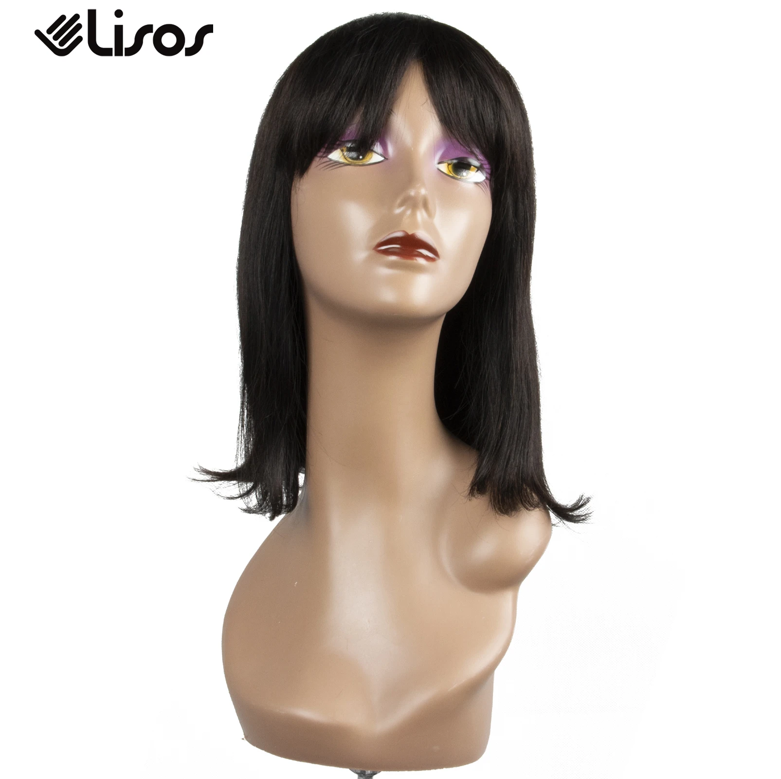 

Shoulder Length 100% Human Hair Pixie Cut Wigs with Lash-grazing Bangs Side Part Bob Style Full Machine Wigs for Black Women