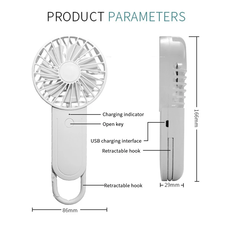 

Portable Handheld Fan USB Charge Fan Speed Adjustable 3 Speed Hanging Fan Handy Air Cooling Mini Fan For Smart Home Office J80
