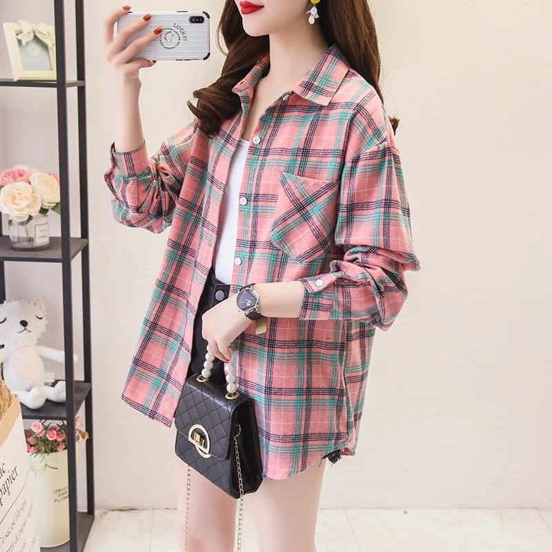 2021 Spring and Autumn New Cotton Plaid Korean Style Loose Oversized Long Sleeves Retro Coat Women's Shirt