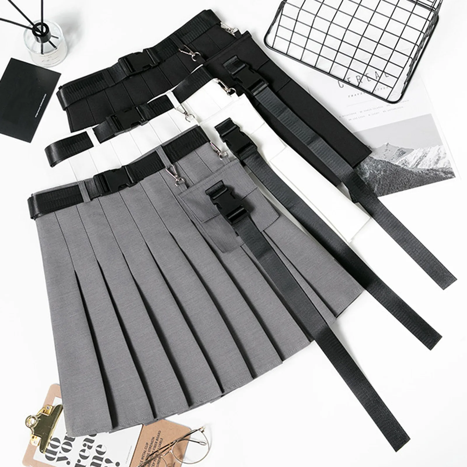 

Womail Women Fashion Harajuku Stree Tooling High Waist Solid Belt Pocket Skirt Irregular Pleated A-line Mini Skirts Mujer Faldas