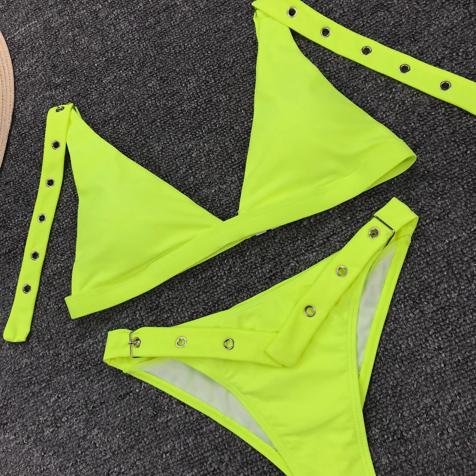 Неоново желтые стринги бикини микро купальник треугольный бюстгальтер пуш ап