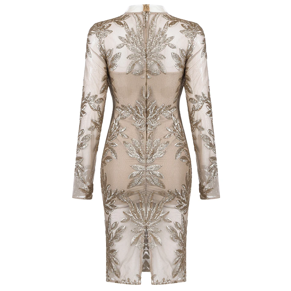 

2020 Spring Women's Mini Bandage Dress Club Party Sexy Stand Collar Hollow Mesh Sequin Long Sleeve Black Split Bodycon Dress