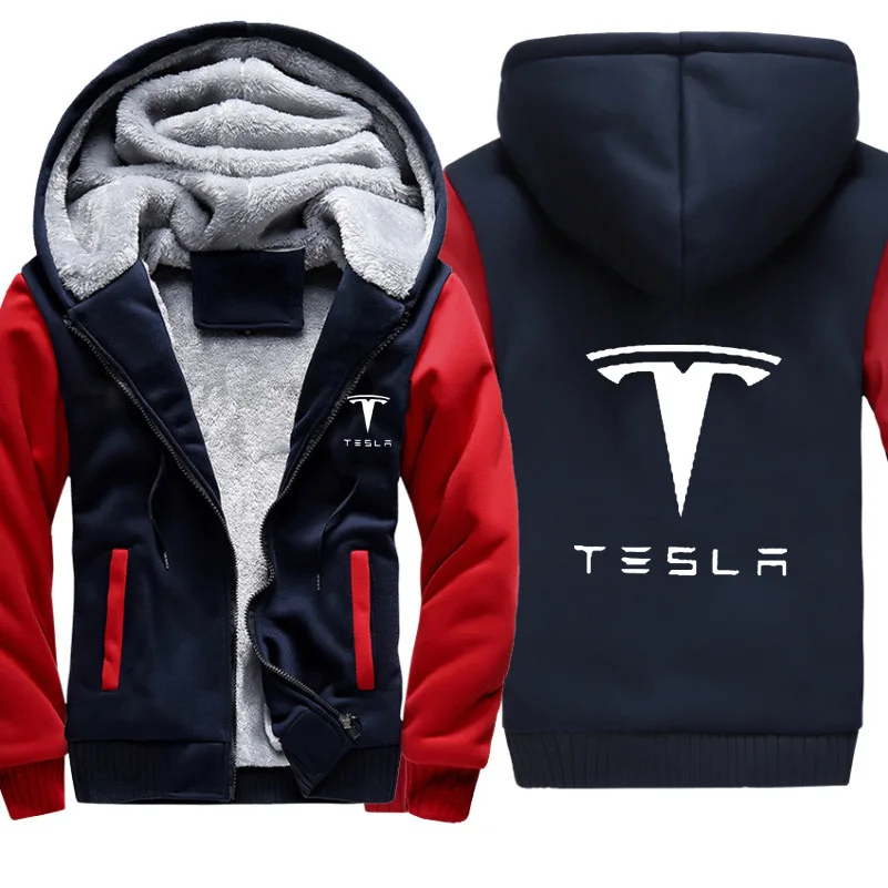 

Hoodies Men Tesla Car Logo Print Jacket Mens Hoodies Casual Winter Thicken Warm Fleece cotton Zipper Raglan Coat Male Tracksuits