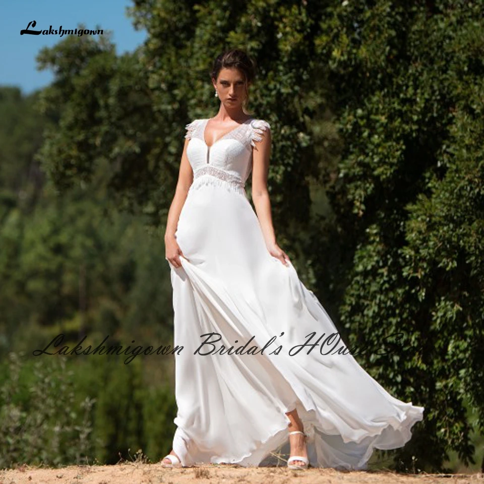 

Женское платье, шикарный стиль невесты 2021, винтажное кружевное платье А-силуэта с завышенной талией, Пляжное свадебное платье с V-образным в...