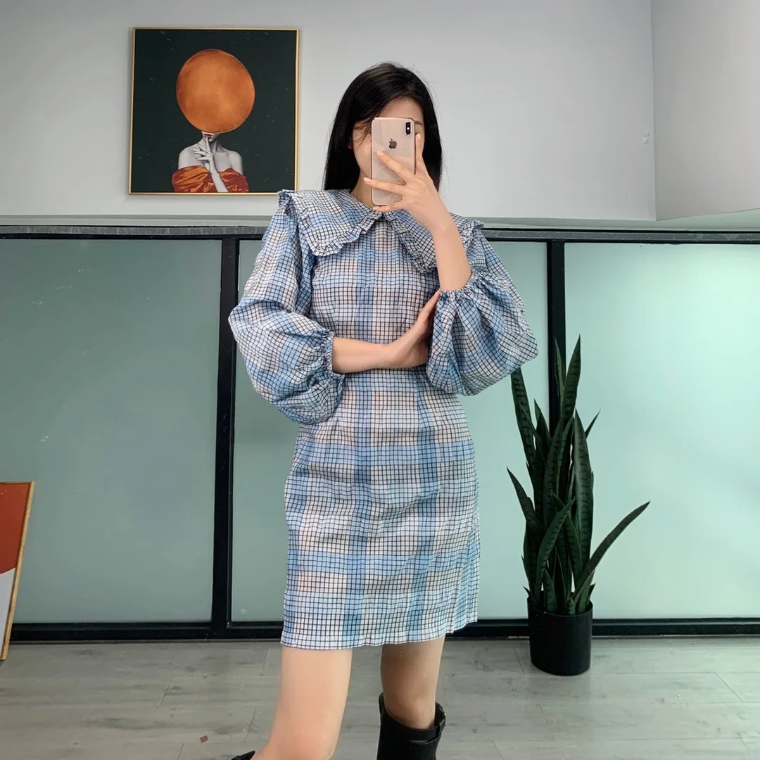 

French law ga2021 early spring new Ruffle baby collar Plaid bubble sleeve dress short skirt