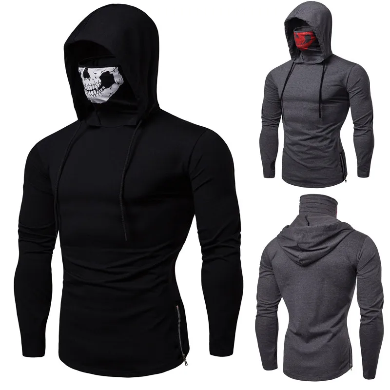 

New men's stretch fitness men's ninja uniform hooded long-sleeved T-shirt call of duty skull mask high-quality long-sleeved