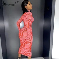 simenual red printing mesh long sleeve maxi dress with gloves see through sexy club outfit for women mock neck bodycon dresses