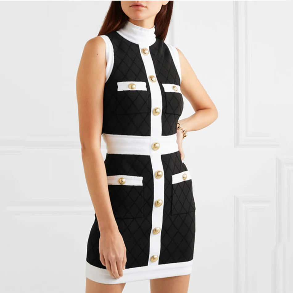 Женское Бандажное платье без рукавов черно-белое облегающее на пуговицах молнии