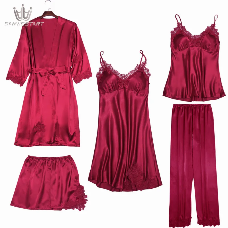 

Sleepwear sets women lace silk sexy stain 5pc suit V neck Nightgown Plus Size Nightdress Ladies Sexy Silk Satin Pajama Set