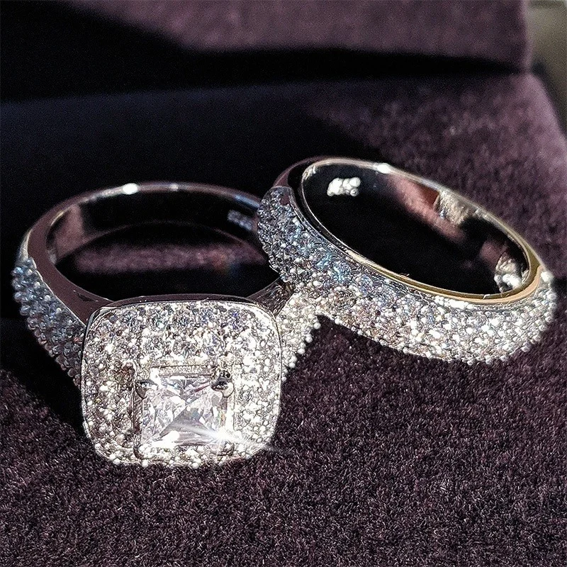 

Full diamond micro inlaid couple Princess square diamond set ring European and American fashion luxury engagement ring