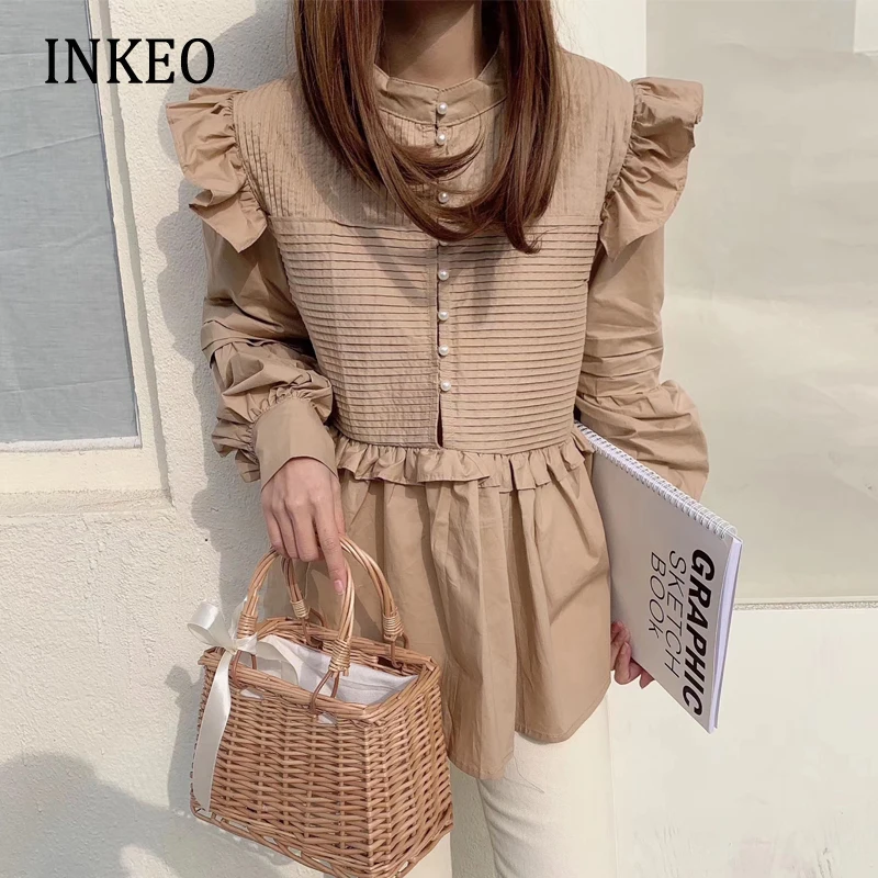 

Luxury Women Pleated ruffles blouse Khaki Spring Summer Fashion Buttons Long sleeve shirt Elegant Ladies clothing INKEO 2T021