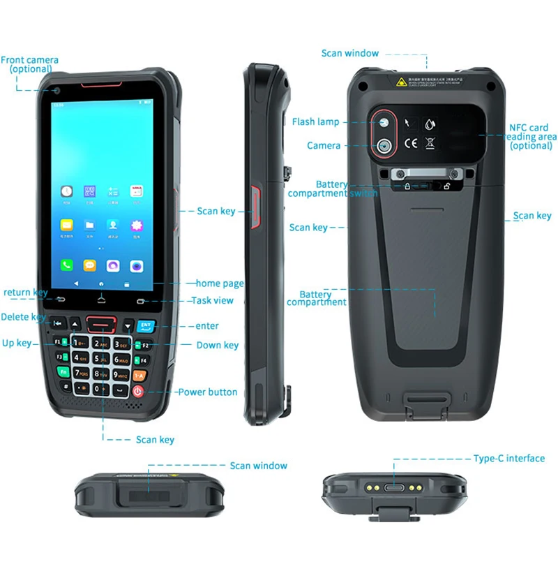 Фото Портативный компьютер PDA Android, беспроводной 1D/ 2D-сканер с поддержкой считывателя NFC, быстрая зарядка №3