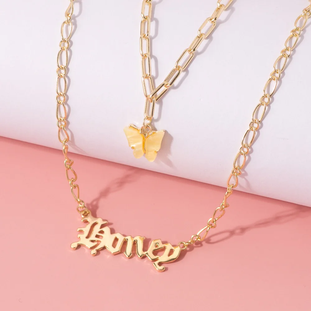 

Fashion Cute Acrylic Butterfly Pendants Necklace Double Layer Old English Font Acetic Acid Necklaces Choker Statement Jewelry