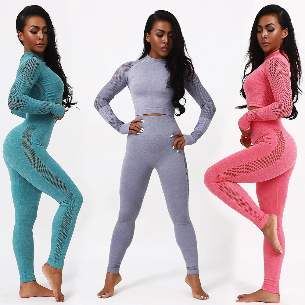 

Women Vital Seamless Yoga Set Gym Clothing Fitness Leggings+Cropped Shirts Sport Suit Women Long Sleeve Tracksuit Active Wear