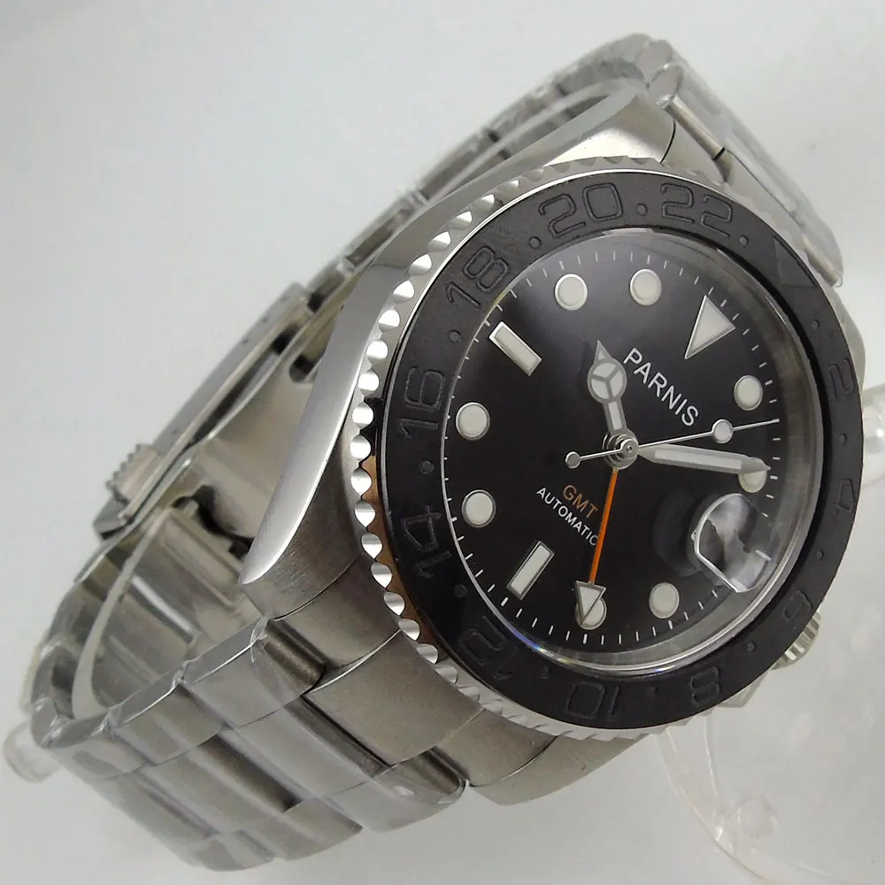 Новое поступление 40 мм завод Parnis черный циферблат ДАТА GMT сапфировое стекло