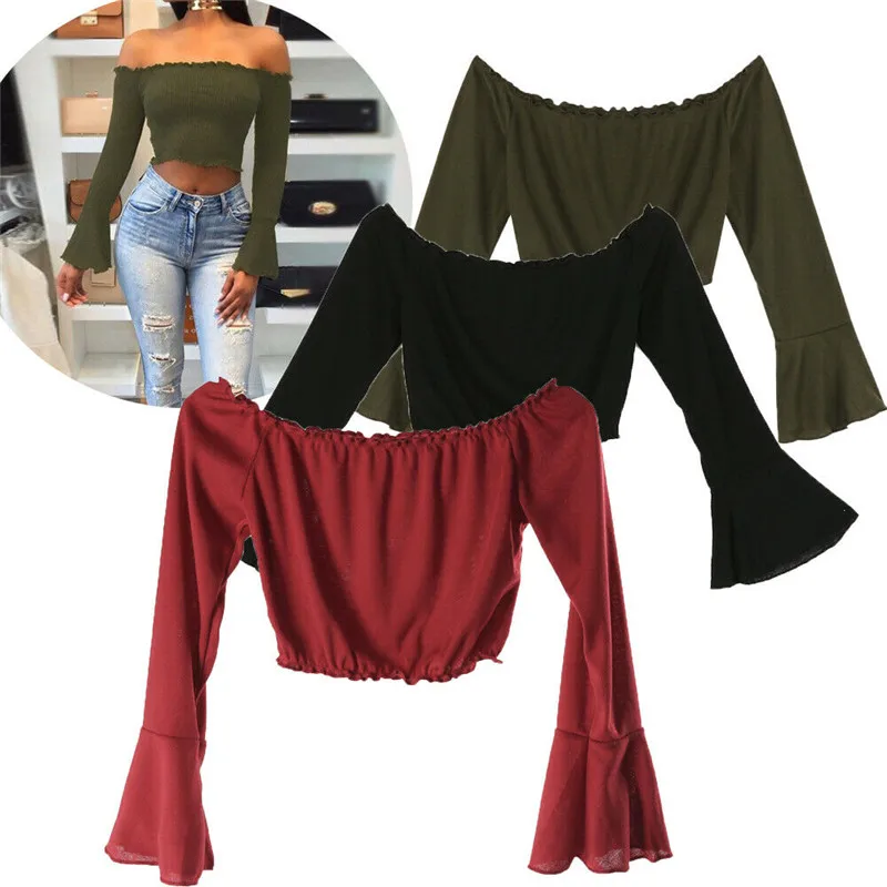 2019 модная популярная женская Повседневная Блузка с открытыми плечами Женская