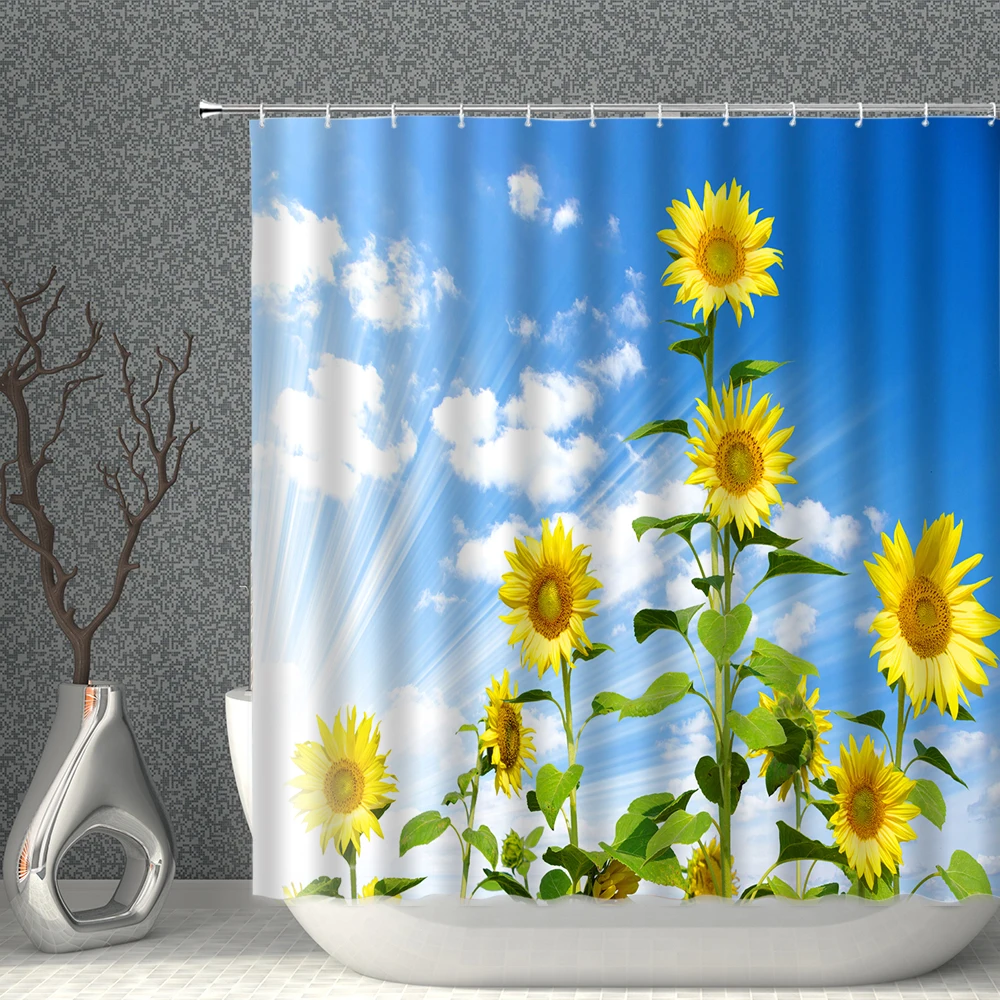 

Plant Shower Curtain Sunflower Flower Scenery Green Leaf Animal Butterfly Print Pattern Bathroom decor Home waterproof With Hook