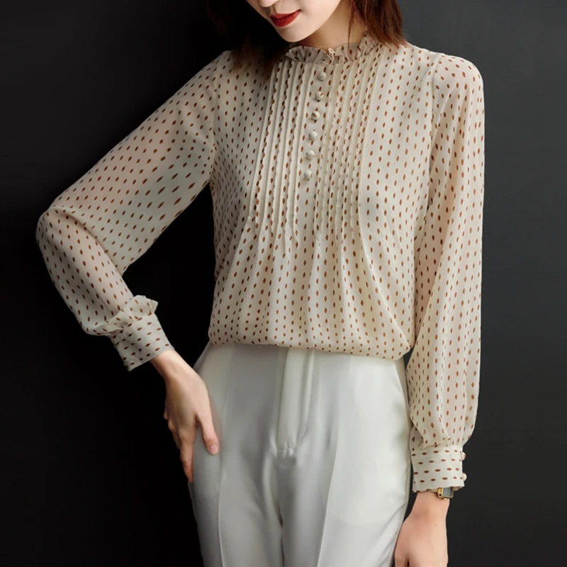 

Fashion Polka Dot Print Chiffon Blouse Women Shirt Casual Pleated Ruffled Stand Collar Loose OL Work Shirt Female Clothes Tops