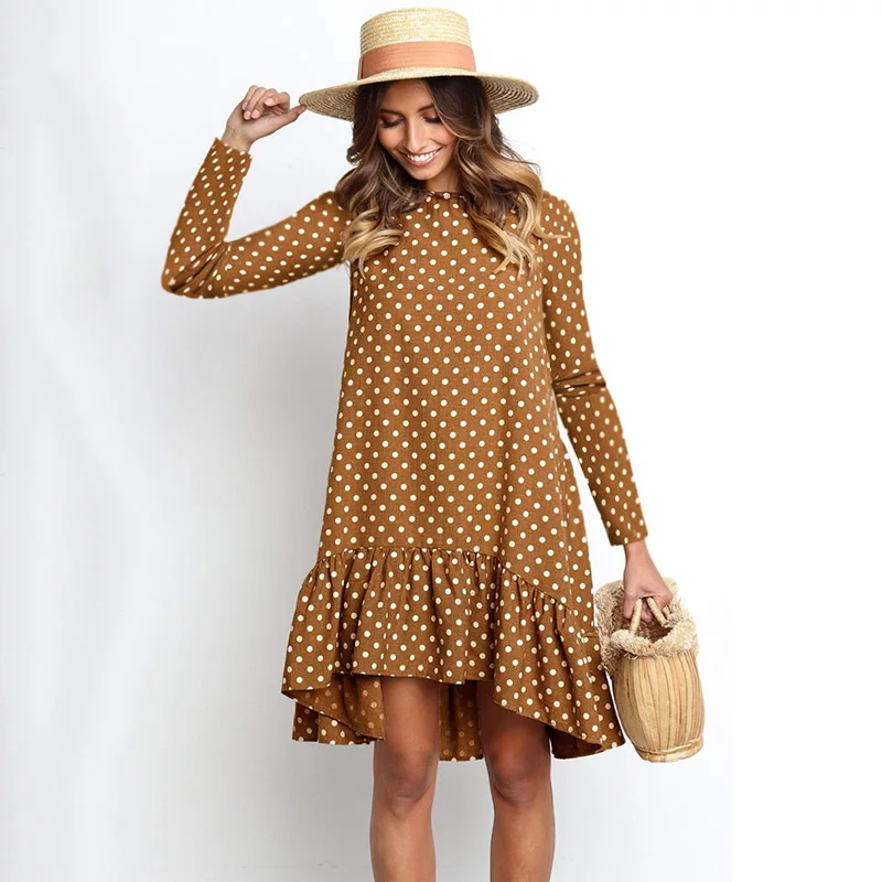 2020 Women Autumn Dress Fashion Polka Dot Chiffon Boho Long Sleeve Ruffle Female Casual Yellow | Женская одежда