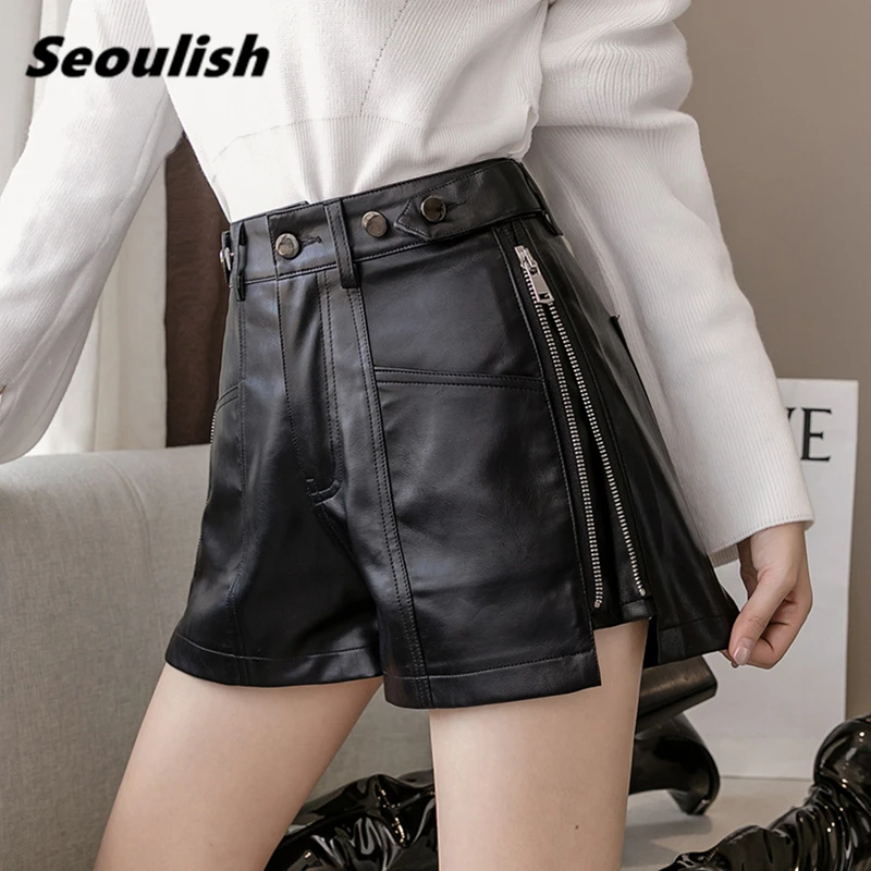 

Women's Punk PU Leather Shorts with Zipper, High Waist, Wide Leg, Elegant Female Chic Trousers, Black, New, Autumn, Winter