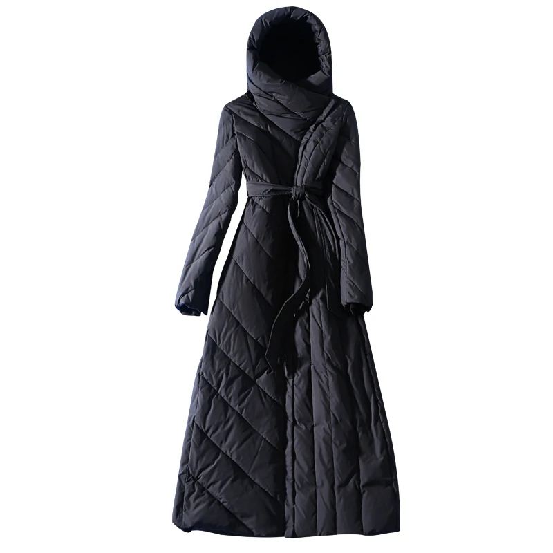 

New winter Women Long Slim Thick White Duck Down Jacket Coat Fashion Warm Coat With Belt