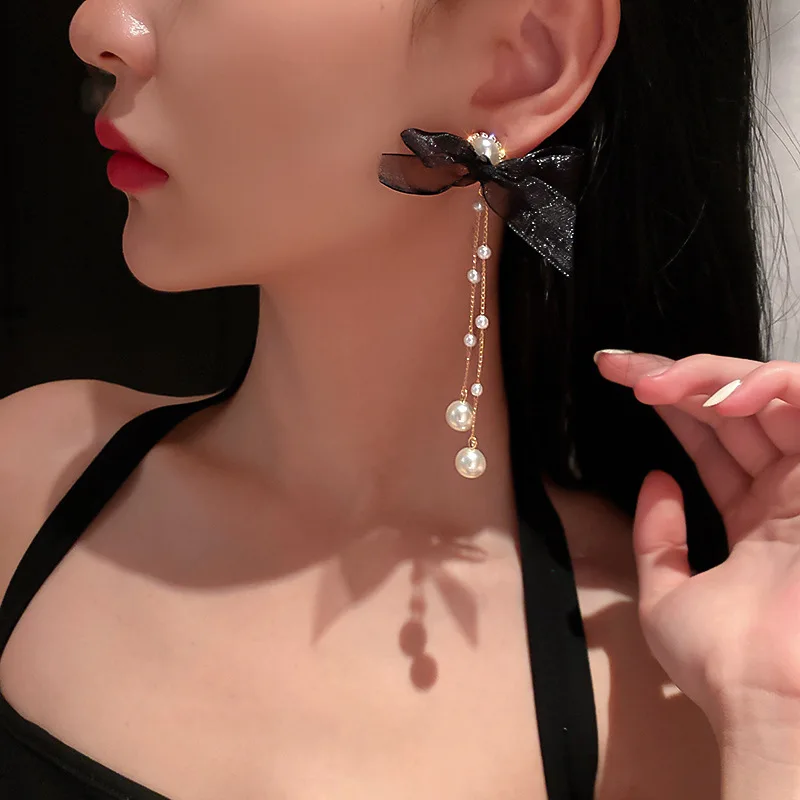 Элегантные длинные серьги Новинка корейский стиль бант стразы жемчужный кулон