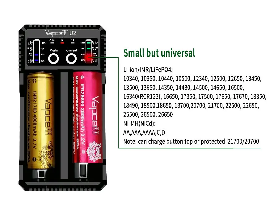 2 шт. оригинальный Vapcell U2 2A Смарт мини зарядное устройство USB для li ion/Lifepo4/Ni MH/Ni Cd AAA