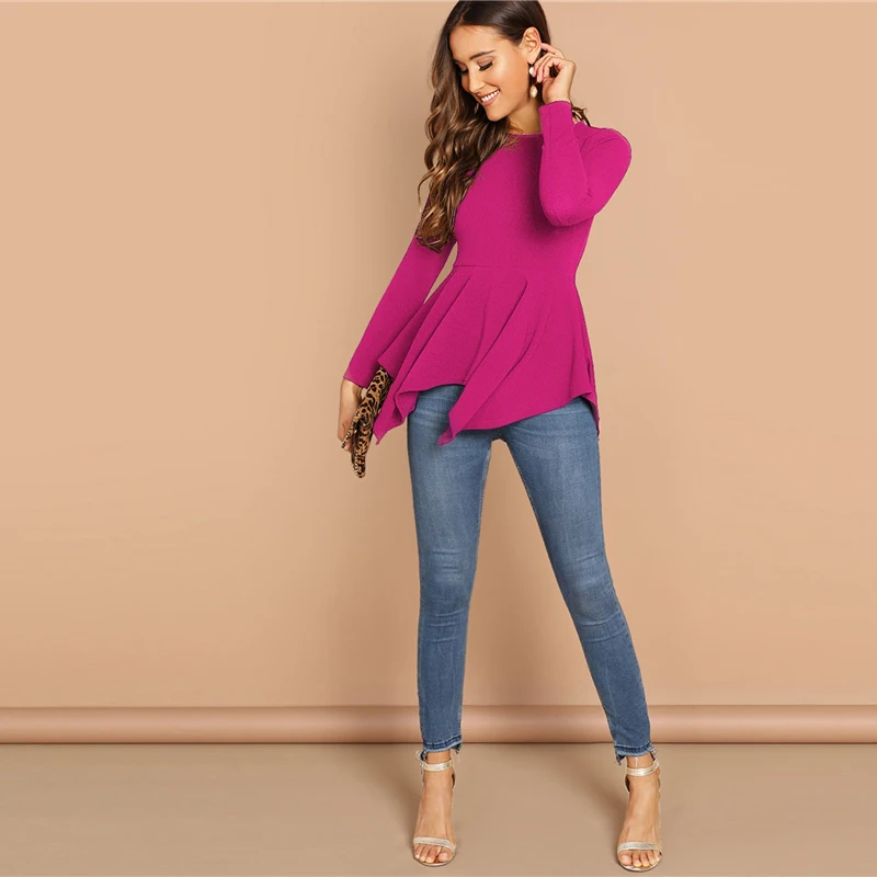 SHEIN Однотонный Топ С Асимметричным Низом И Молнией Женская Черная Классическая Блузка С Длинными Рукавами
