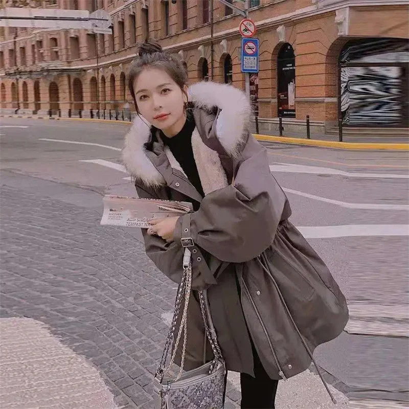 Velvet Parker Padded Jacket Women 2022 Winter New Thick Warm Jacket Tooling Cotton-padded Waist Hooded Padded Jacket M572