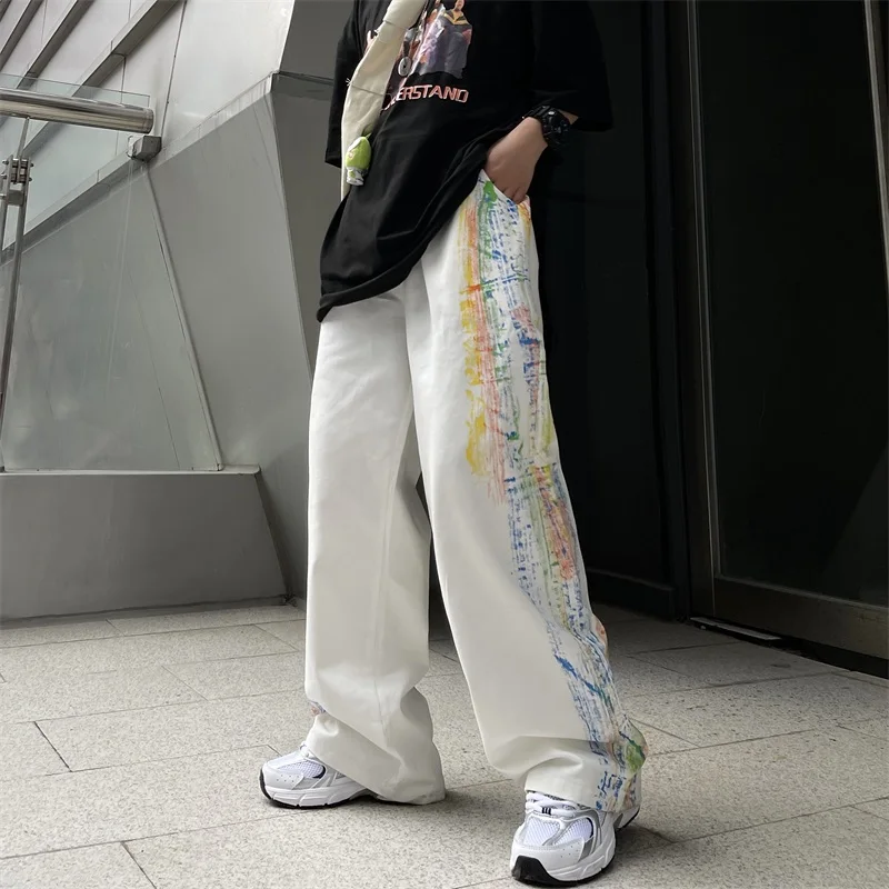 

QWEEK Harajuku Tie Dye White Cargo Pants Women Hippie Streetwear Graffiti Print Oversize Black Wide Leg Trousers For Female Kpop