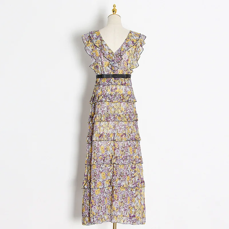 Женское винтажное платье с оборками облегающее макси без рукавов многоярусным