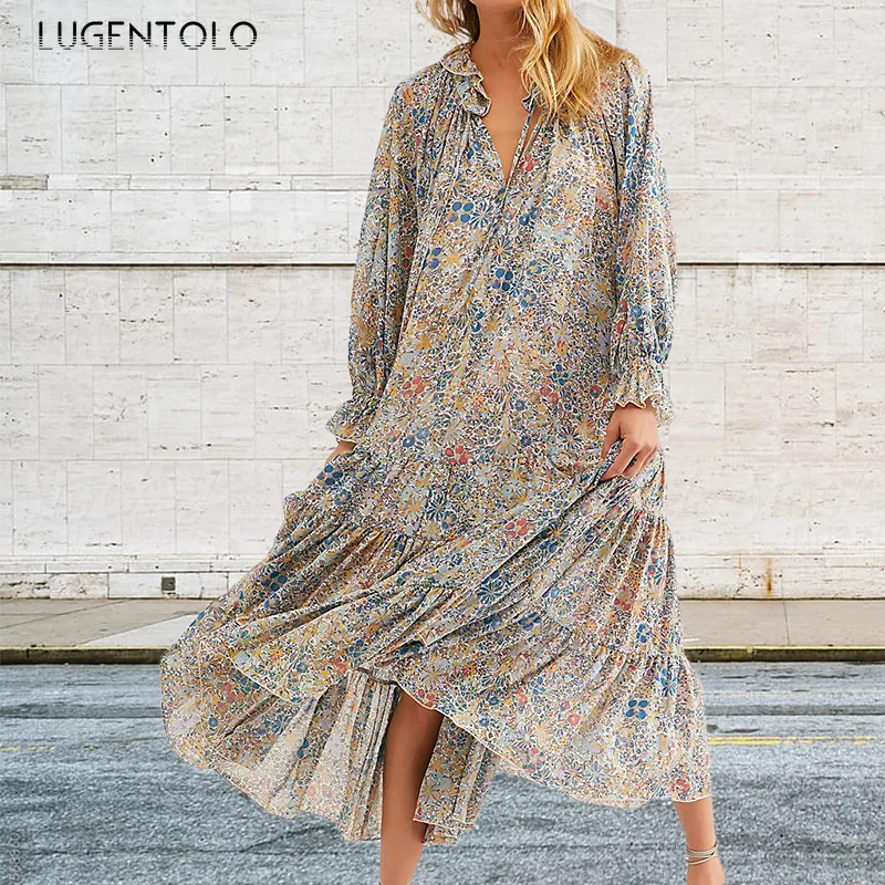 

Bohemia Dress Women Sexy Deep Long Sleeve V-neck Loose Dresses Female Casual Print Big Swing Long Dress Lugentolo