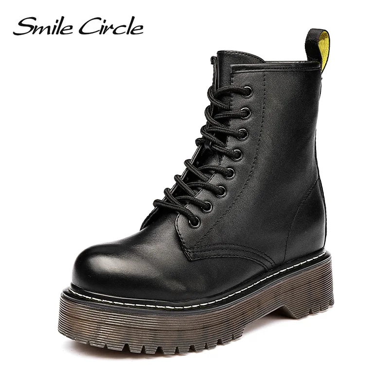 Женские мотоциклетные ботинки со смайликом и круглым Size36-41; сезон осень; коллекция года; модные армейские ботинки с круглым носком на шнуровке; женская обувь - Цвет: PU black