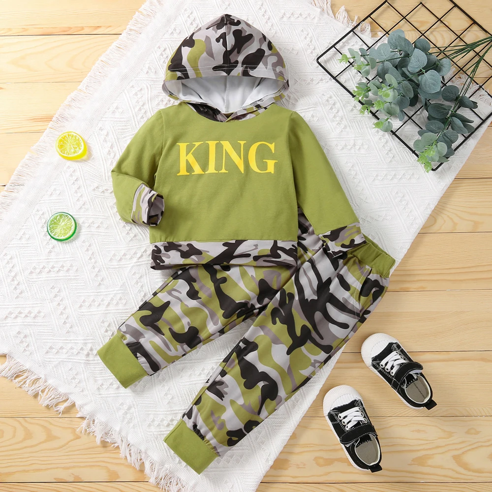 Winter Baby Suit Hooded Long Sleeve King Alphabet Camouflage Trouser Pocket Long Pants Suit for 6-Month-Old Boys-3-Year-Old Boys