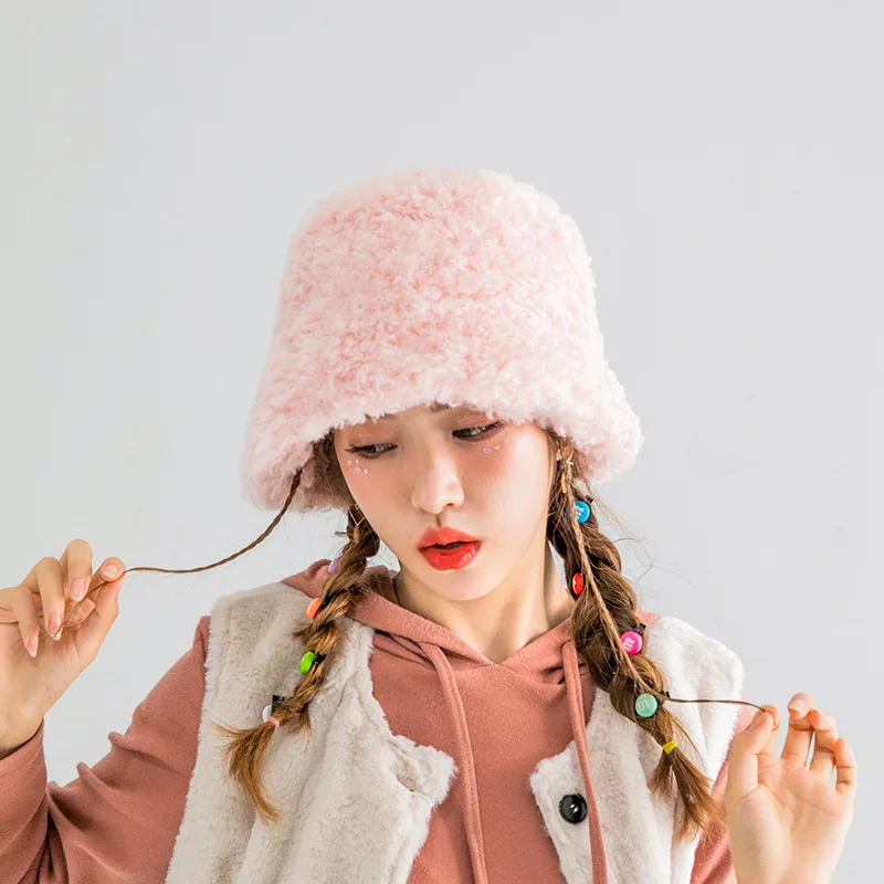 

New Design Fluffy Hat for Women Winter Thick Warm Solid Bucket Hats Woman's Beanies Soft Warm Bonnets Lady Young Students