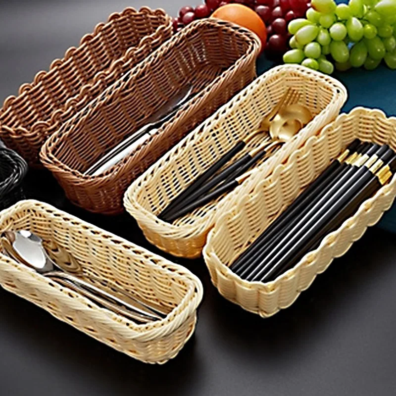 

Norbi Rattan Storage Basket Hand-made Food Platter Container For Fruit Snack Bread Kitchen Knife Fork Rectangular Basket